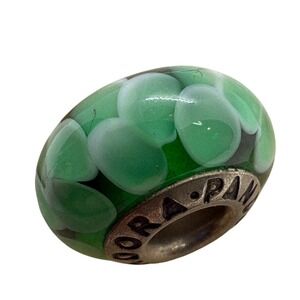 Pandora ALE Green Murano Glass White Hearts Charm Sterling Silver 925 Bead